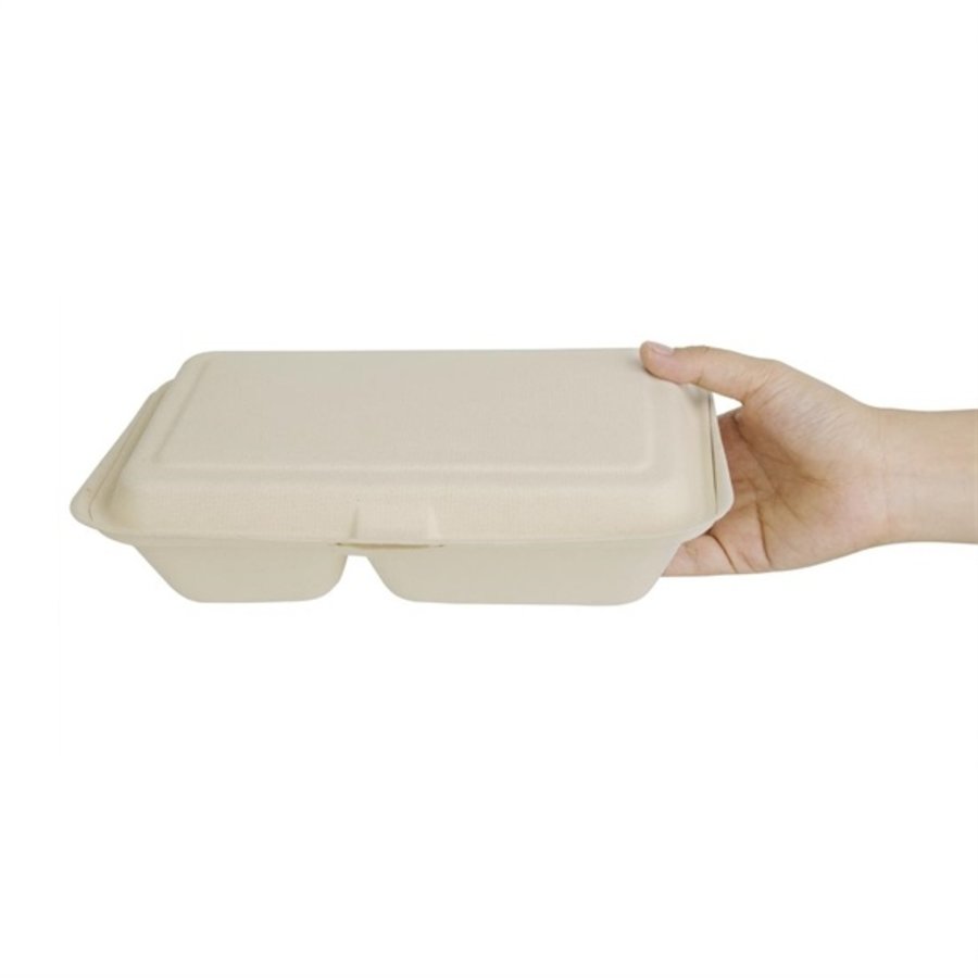 Boîtes 2 compartiments en bagasse avec couvercle à charnière compostables | 165 x 253mm (lot de 200)
