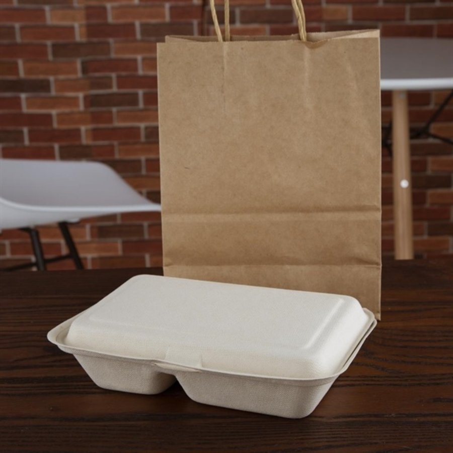 Boîtes 2 compartiments en bagasse avec couvercle à charnière compostables | 165 x 253mm (lot de 200)