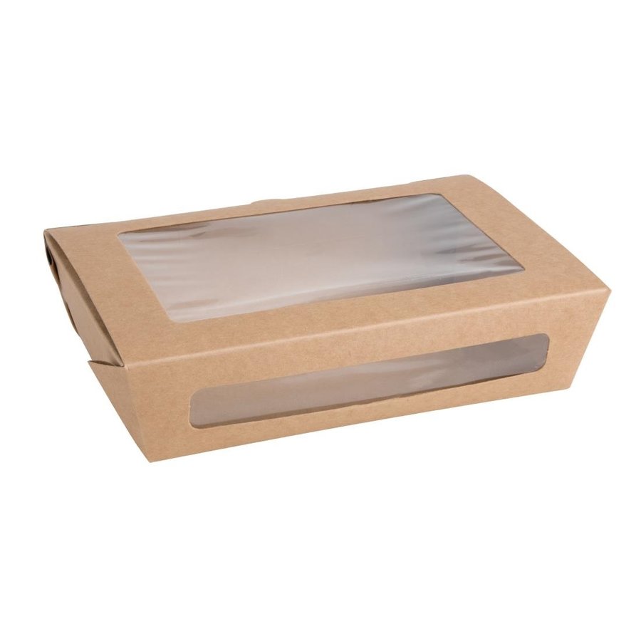 Boîtes salade en papier compostables avec fenêtre en PLA 1200ml | 50  x 139 x 200mm (lot de 200)