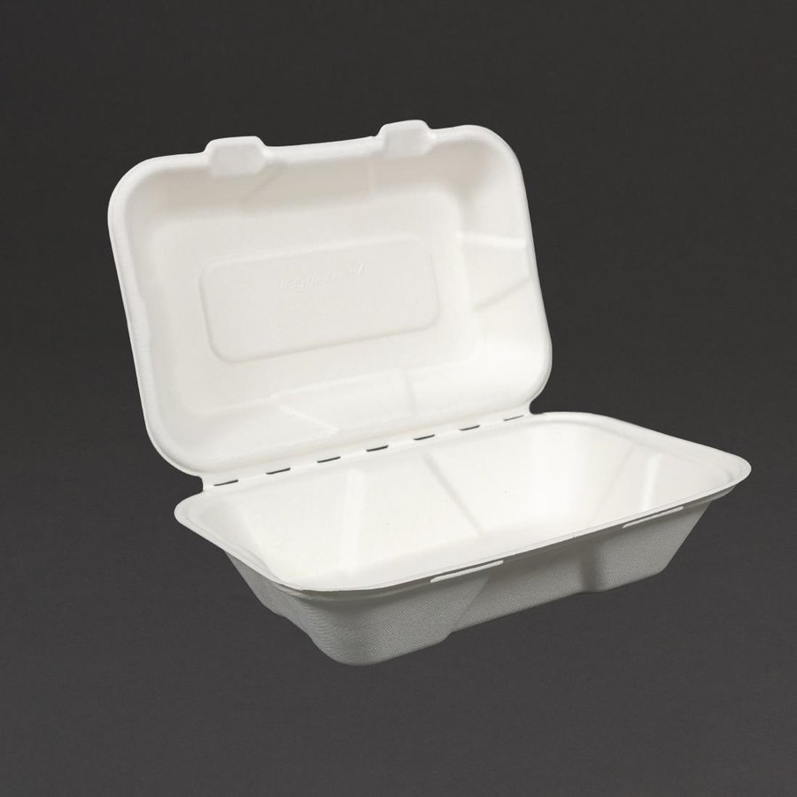 Boîtes repas en bagasse compostables avec couvercle à charnière | 74 x 228 x 155mm (lot de 200)