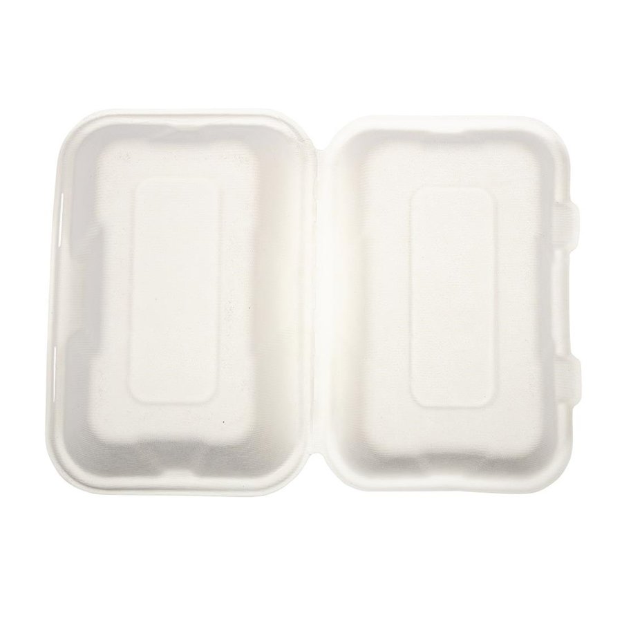 Boîtes repas en bagasse compostables avec couvercle à charnière | 74 x 228 x 155mm (lot de 200)