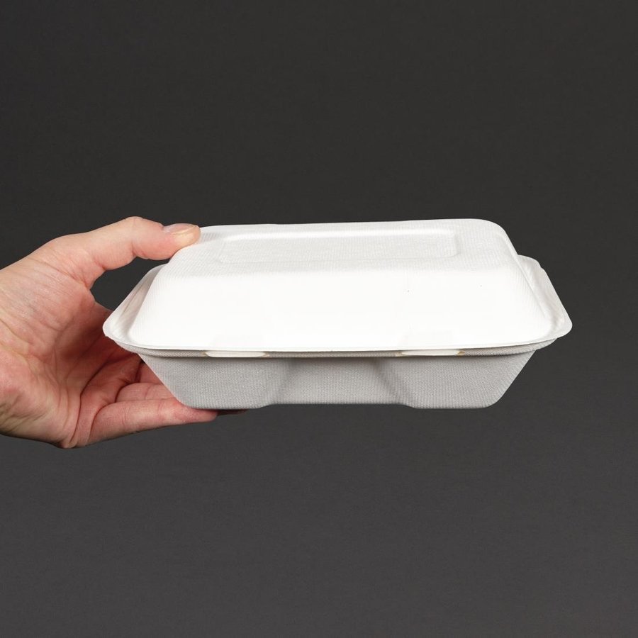 Boîtes repas en bagasse compostables avec couvercle à charnière | 74 x 228 x 155mm (lot de 200)
