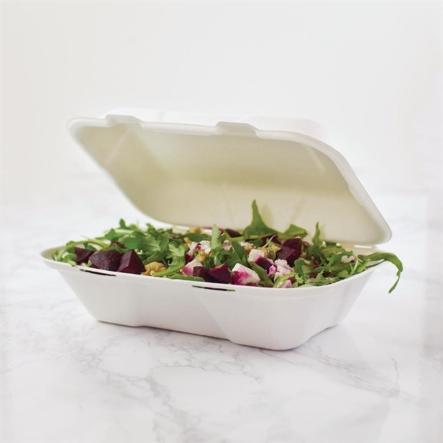 Boîtes repas en bagasse compostables avec couvercle à charnière | 74 x 228 x 155mm (lot de 200)