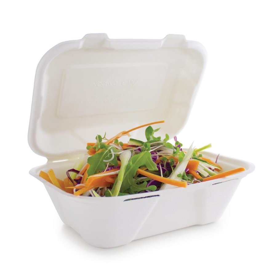 Boîtes repas en bagasse compostables avec couvercle à charnière | 74 x 228 x 155mm (lot de 200)