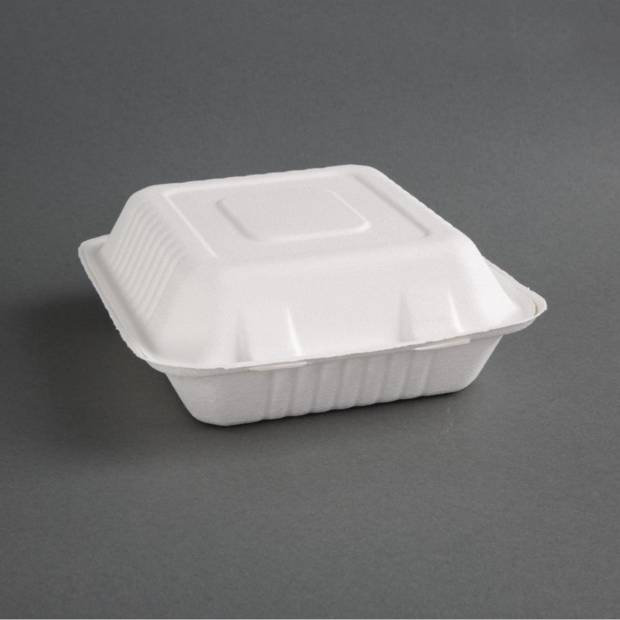 Boîtes 3 compartiments en bagasse avec couvercle à charnière compostables | 39 x 223 x 201mm (lot de 200)