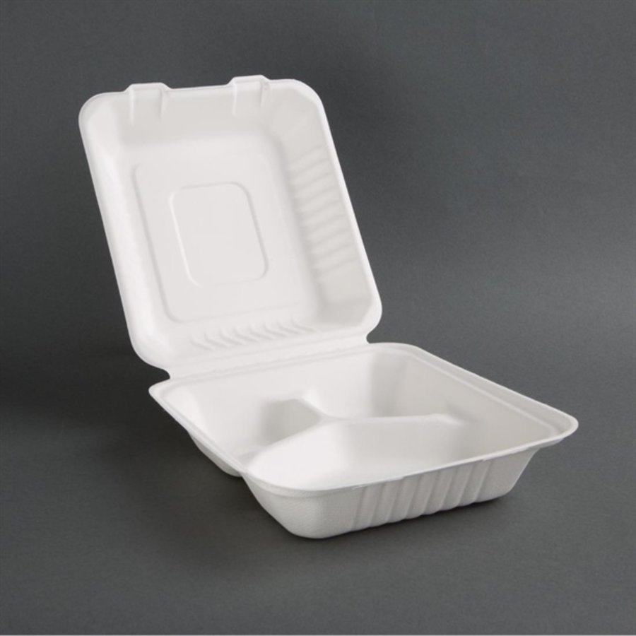 Boîtes 3 compartiments en bagasse avec couvercle à charnière compostables | 39 x 223 x 201mm (lot de 200)