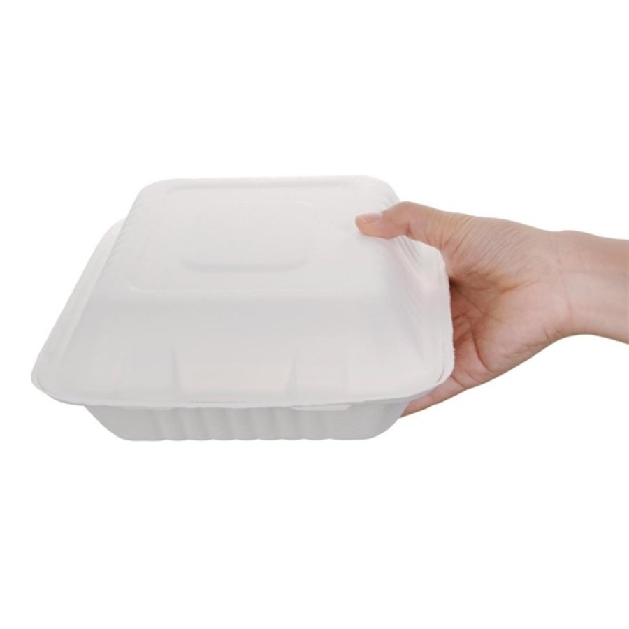 Boîtes 3 compartiments en bagasse avec couvercle à charnière compostables | 39 x 223 x 201mm (lot de 200)