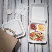 Boîtes 3 compartiments en bagasse avec couvercle à charnière compostables | 39 x 223 x 201mm (lot de 200)