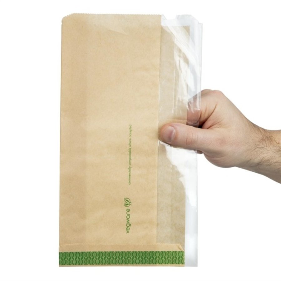 Sachets kraft ingraissables compostables avec fenêtre transparente en PLA Vegware | 280 x 150 x 60mm (Lot de 1000)