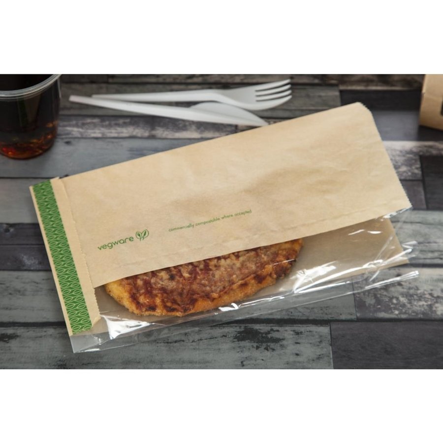 Sachets kraft ingraissables compostables avec fenêtre transparente en PLA Vegware | 280 x 150 x 60mm (Lot de 1000)