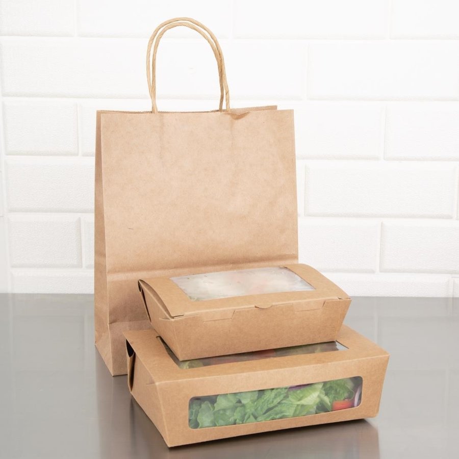 Boîtes salade en papier compostables avec fenêtre en PLA 1600ml | 60 x 143 x 211mm (lot de 200)