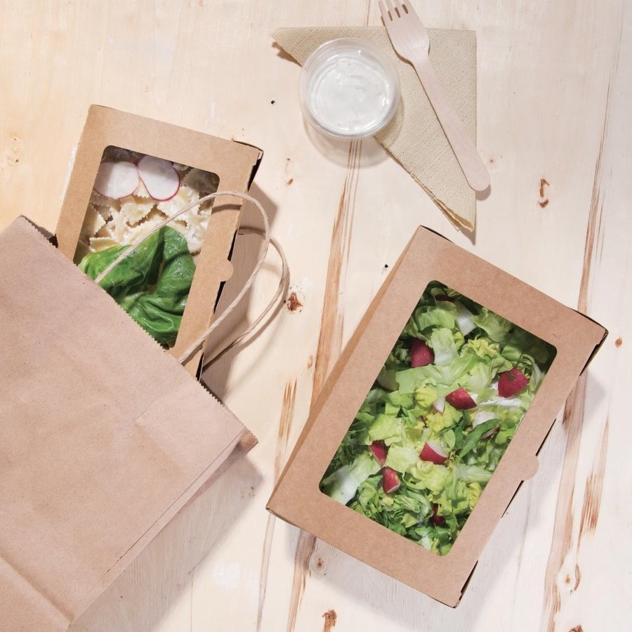Boîtes salade en papier compostables avec fenêtre en PLA 1600ml | 60 x 143 x 211mm (lot de 200)