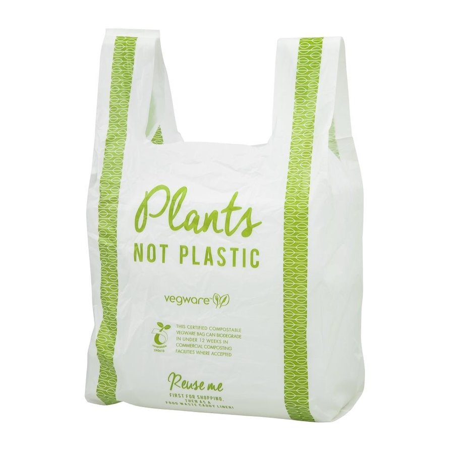 Sacs bretelles blanc et vert compostables en PLA Vegware taille moyenne | 540 x 80mm (lot de 500)