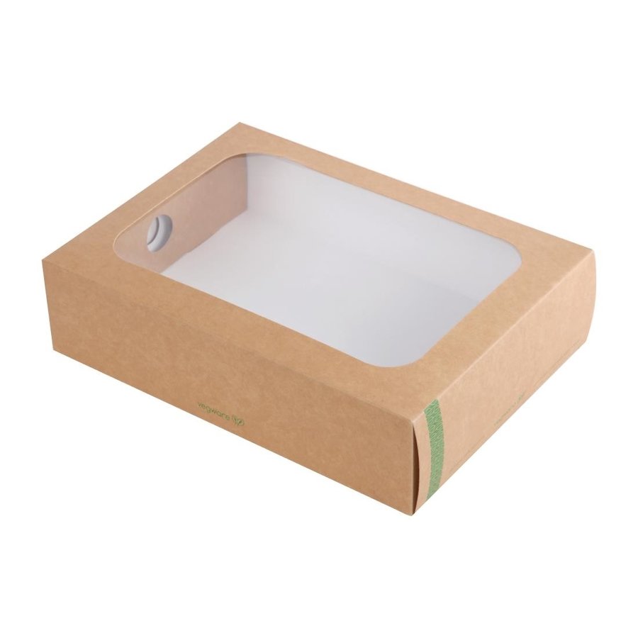 Boîtes compostables en PLA standards avec plateau et couvercle à fenêtre Vegware | 82 x 225 x 310mm (Lot de 50)