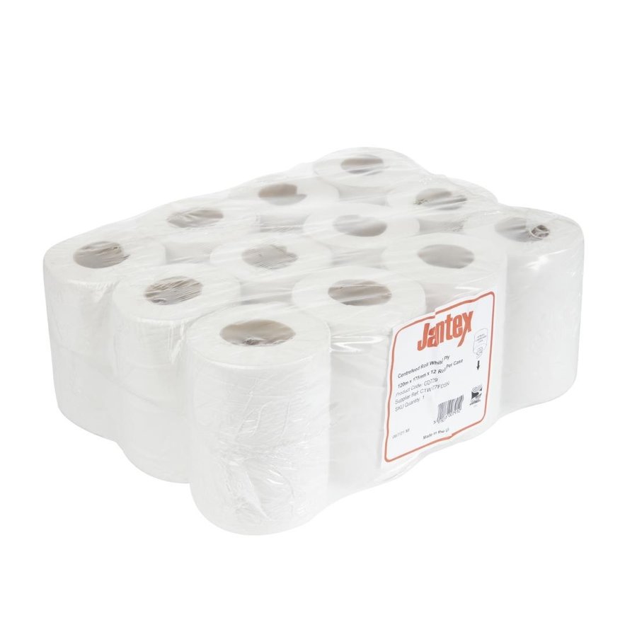 Mini bobines blanches en papier recyclé à alimentation centrale 1 pli Jantex | 130mm x 120m (lot de 12)