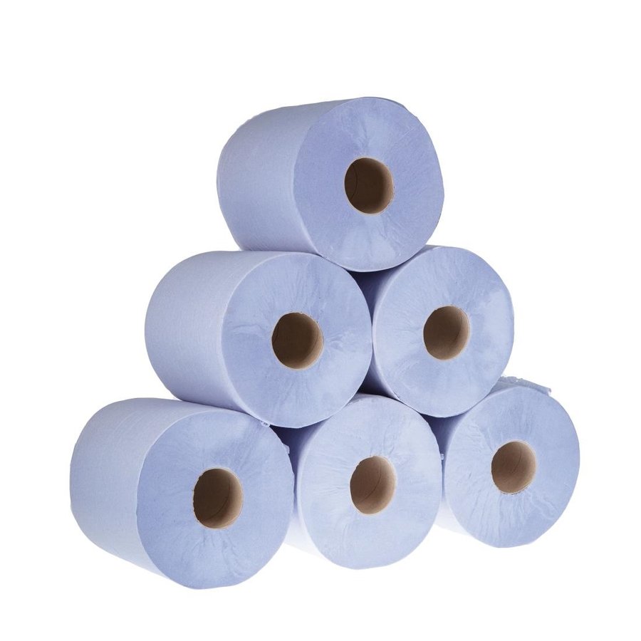 Bobines bleues en papier à alimentation centrale 1 pli Jantex | 175 mm x 300 m (lot de 6)