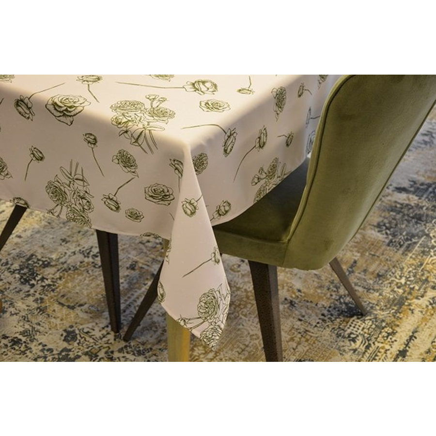 Nappe Versailles en polyester 220 x 130cm blanc fleurs vertes