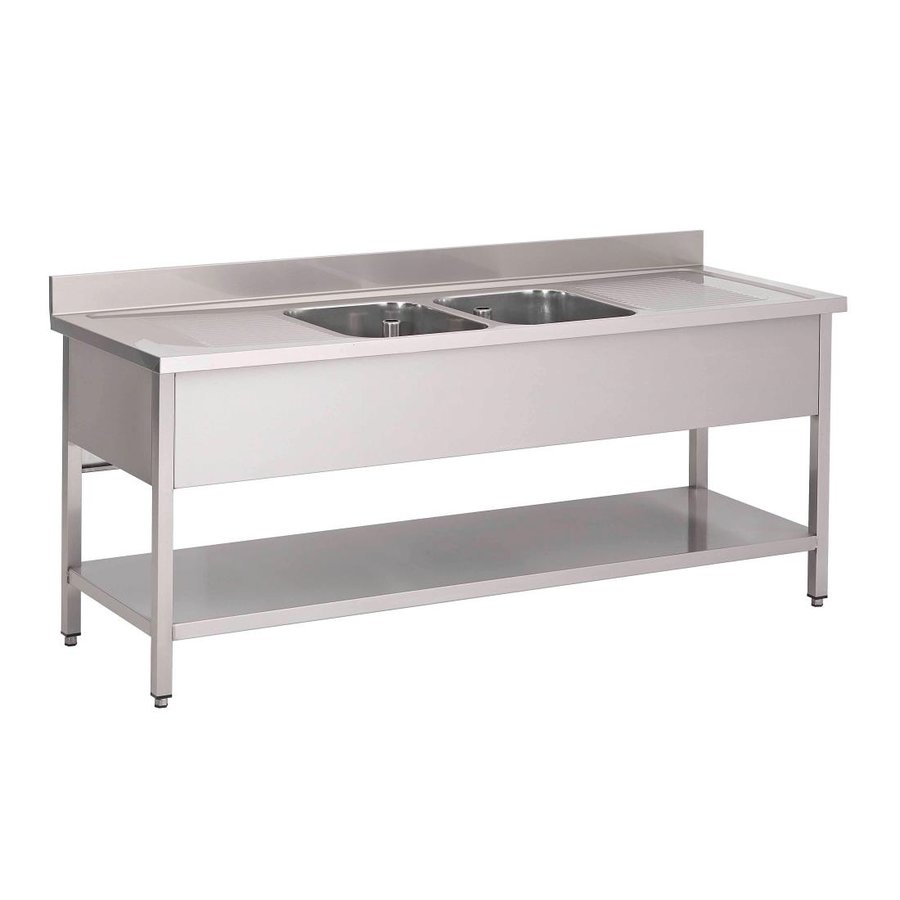 Plonge en inox avec étagère basse bacs au centre 200Lx70Px85Hcm