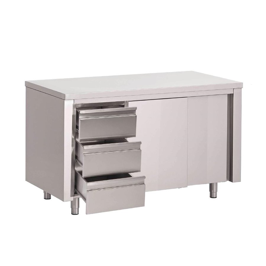 Table armoire inox avec portes coulissantes et 3 tiroirs à gauche 200Lx70Px88Hcm