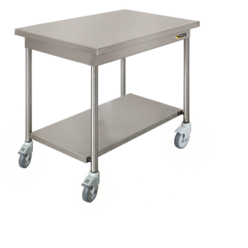  Sofinor Table démontable rayonnee | Inox | à dosseret | avec étagère basse | pieds ronds | sur roulettes polyamide 