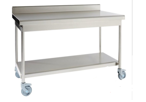  Sofinor Table démontable rayonnee | Inox | à dosseret | avec étagère basse | pieds ronds |  sur roulettes inox 