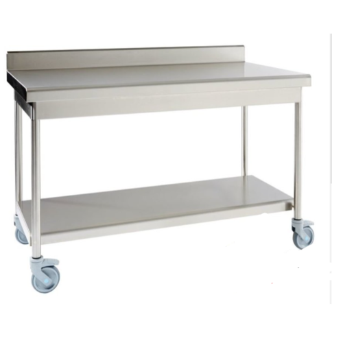  Sofinor Table démontable rayonnee | Inox | à dosseret | avec étagère basse | pieds ronds |  sur roulettes inox 