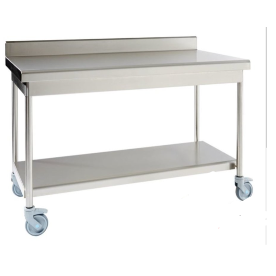 Table démontable rayonnee | Inox | à dosseret | avec étagère basse | pieds ronds | sur roulettes inox