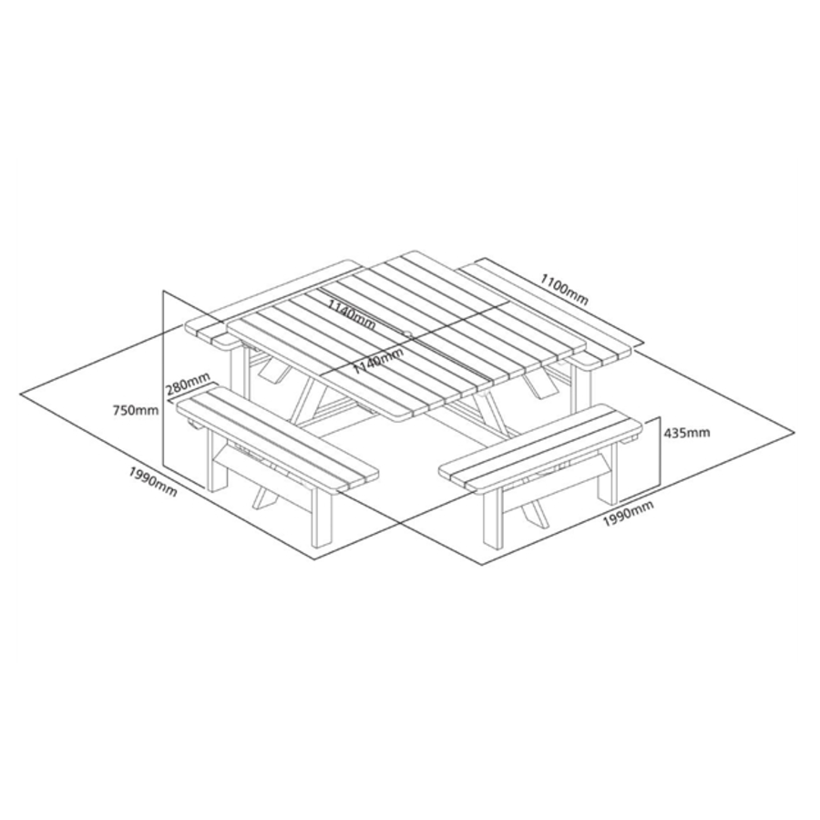 Table de pique-nique en bois carrée - 1980(L)mm