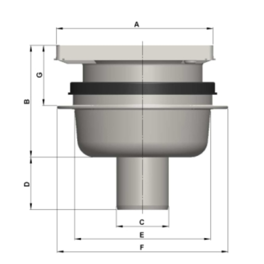 Caniveau de sol en inox 150 x 150 mm- sortie verticale