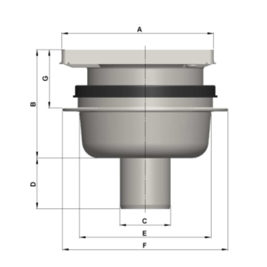 Caniveau de sol en inox 150 x 150 mm- 90-120mm (P)sortie verticale