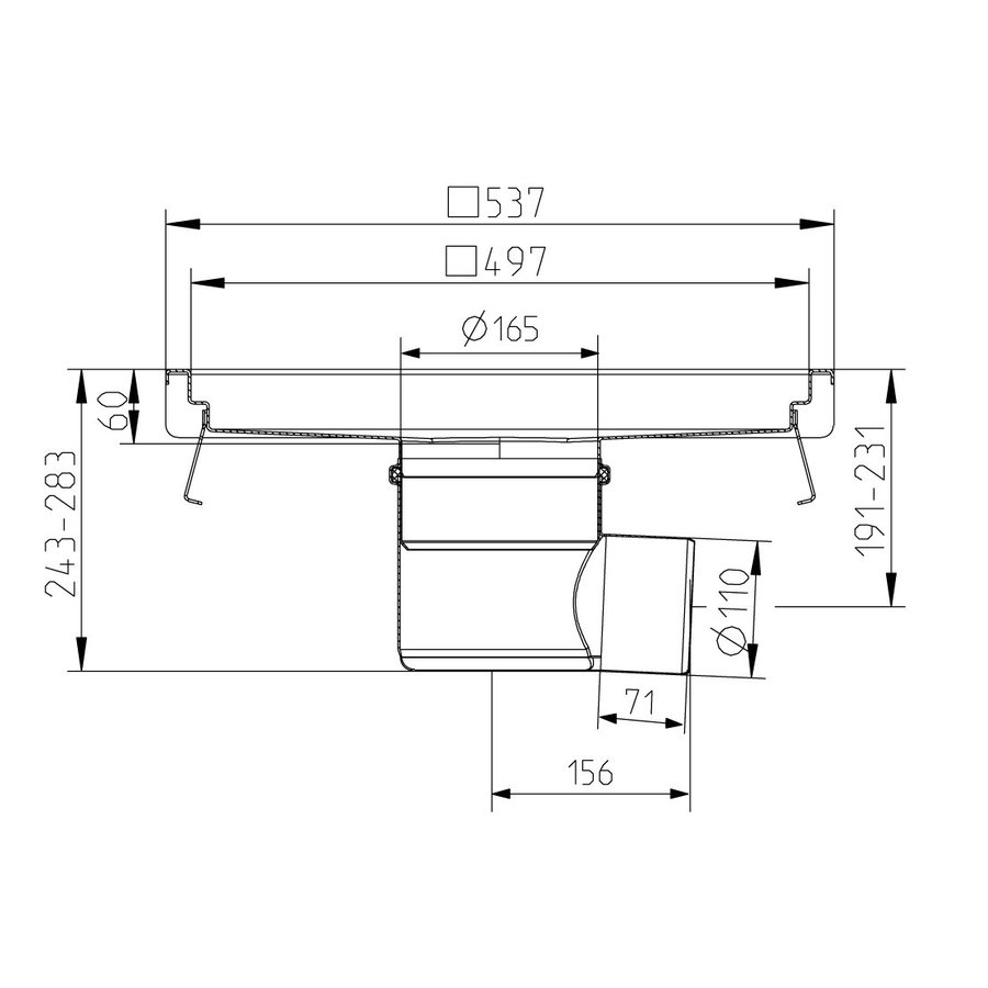 Caniveau de sol inox 500x500 mm - sortie horizontale