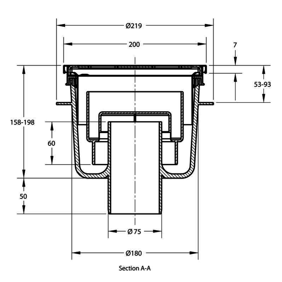 Caniveau de sol inox et plastique 200 x 200 mm - sortie verticale