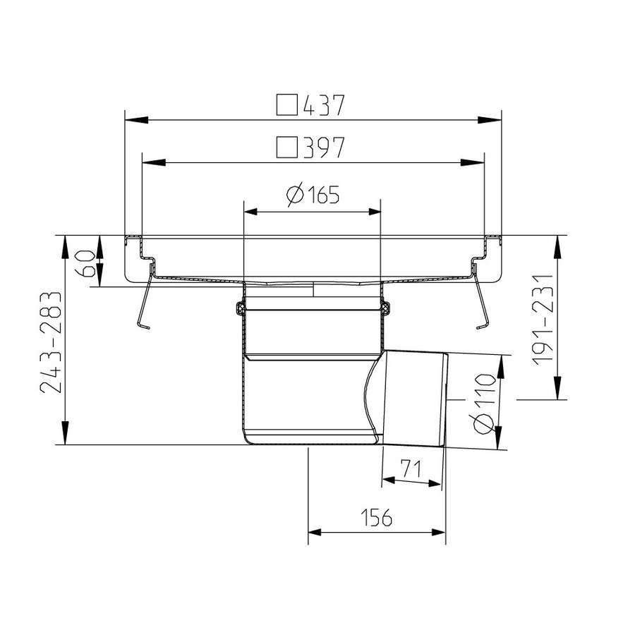 Caniveau de sol 500x500 mm inox - sortie horizontale