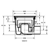 Caniveau de sol en inox 200 x 200 mm - sortie verticale et horizontale