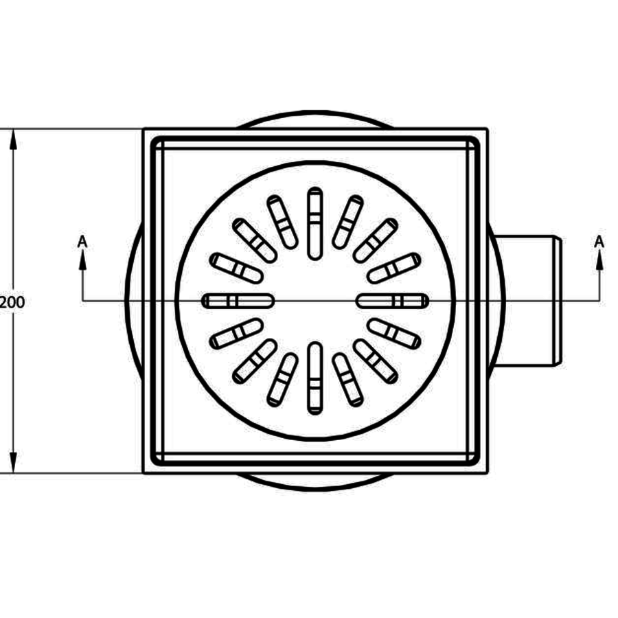 Caniveau de sol en inox 200 x 200 mm - sortie verticale et horizontale