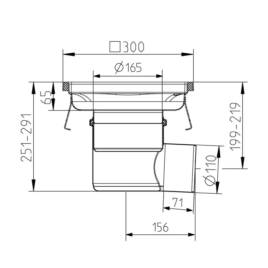 Caniveau de sol inox 300x300 mm grille pleine - sortie horizontale