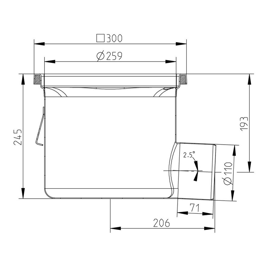 Caniveau de sol inox 300x300 mm 177028 - sortie horizontale