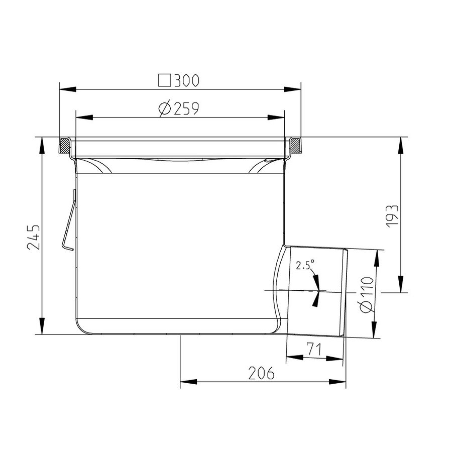 Caniveau de sol 300x300 mm inox  177026- sortie horizontale