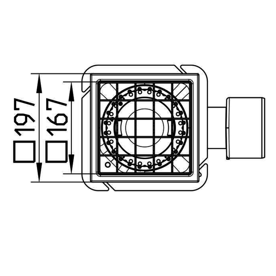 Caniveau de sol en inox 197 x 197 mm - sortie verticale et horizontale