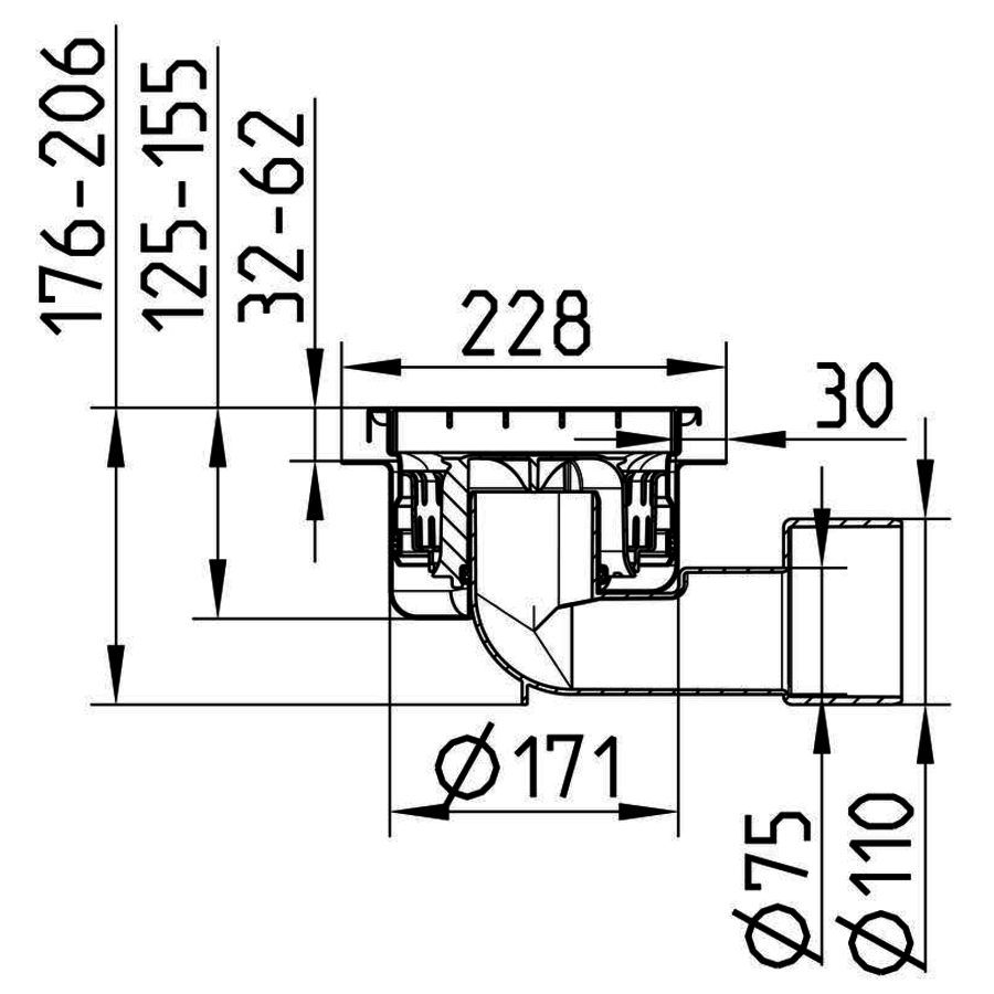 Caniveau de sol en inox 197 x 197 mm - sortie verticale et horizontale