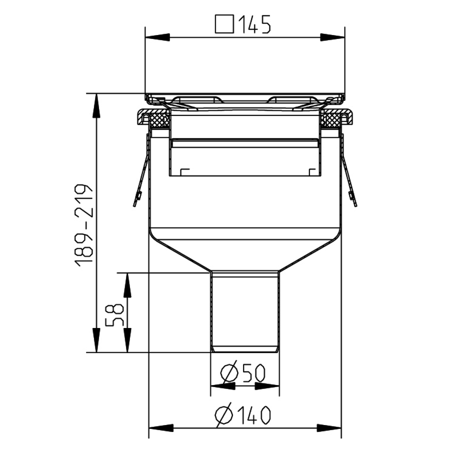 Caniveau de sol en inox 145 x 145 mm - sortie verticale -131 - 161 mm (P)