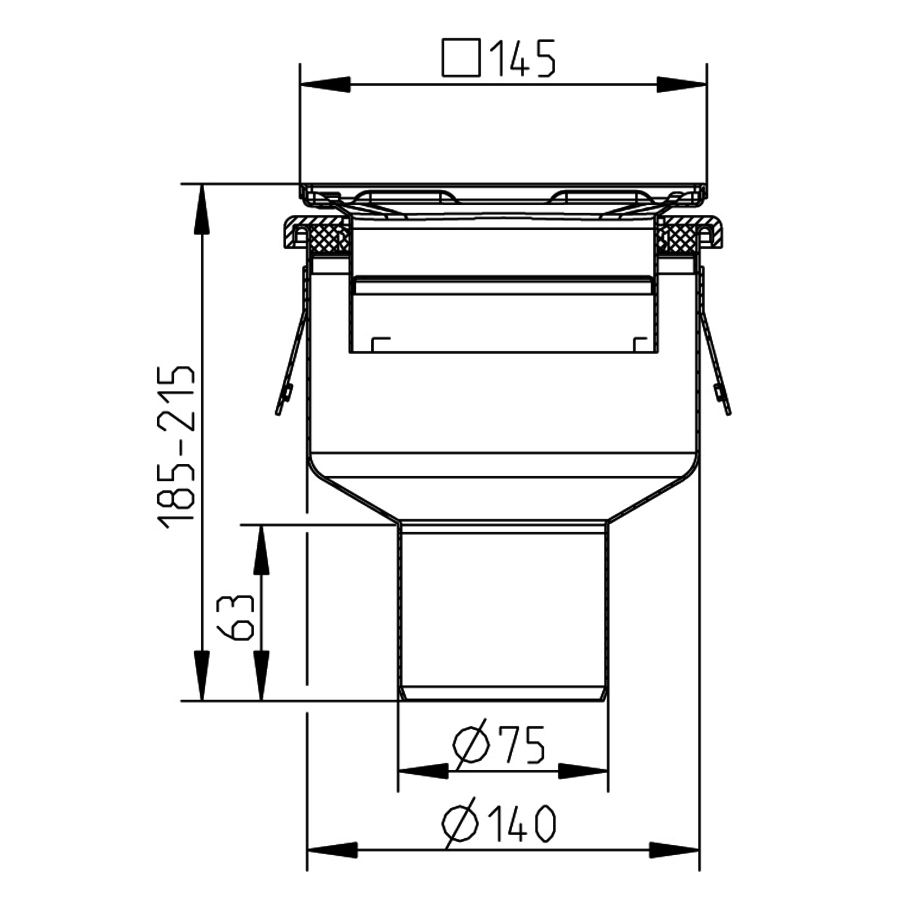 Caniveau de sol en inox 145 x 145 mm - sortie verticale  - 122 - 152 mm (P)