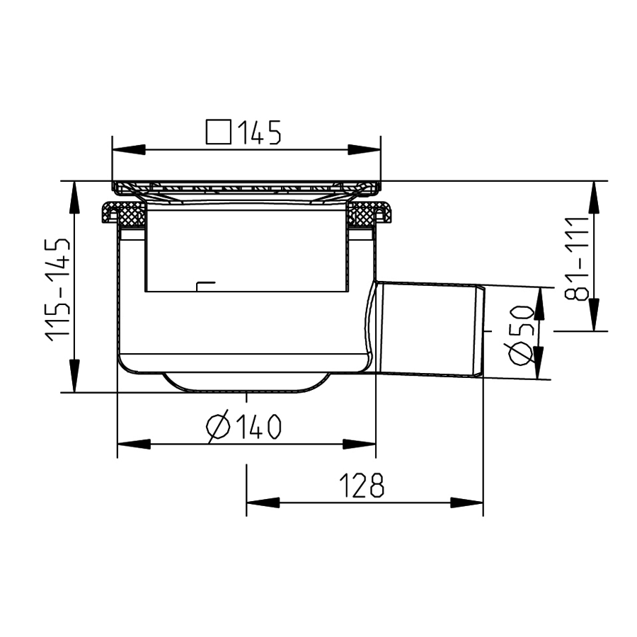 Caniveau de sol en inox  145 x 145 mm - sortie horizontale -  ø 50 mm