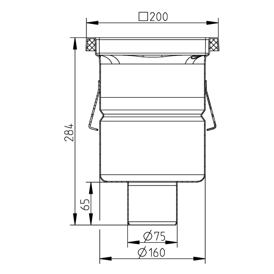 Caniveau de sol en inox 200 x 200 mm - sortie verticale - grille pleine