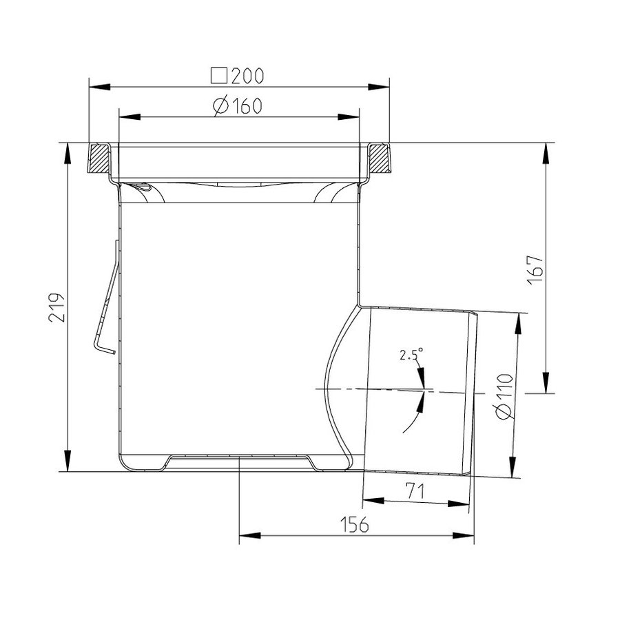 Caniveau de sol inox 200x200 mm 177015 - sortie horizontale