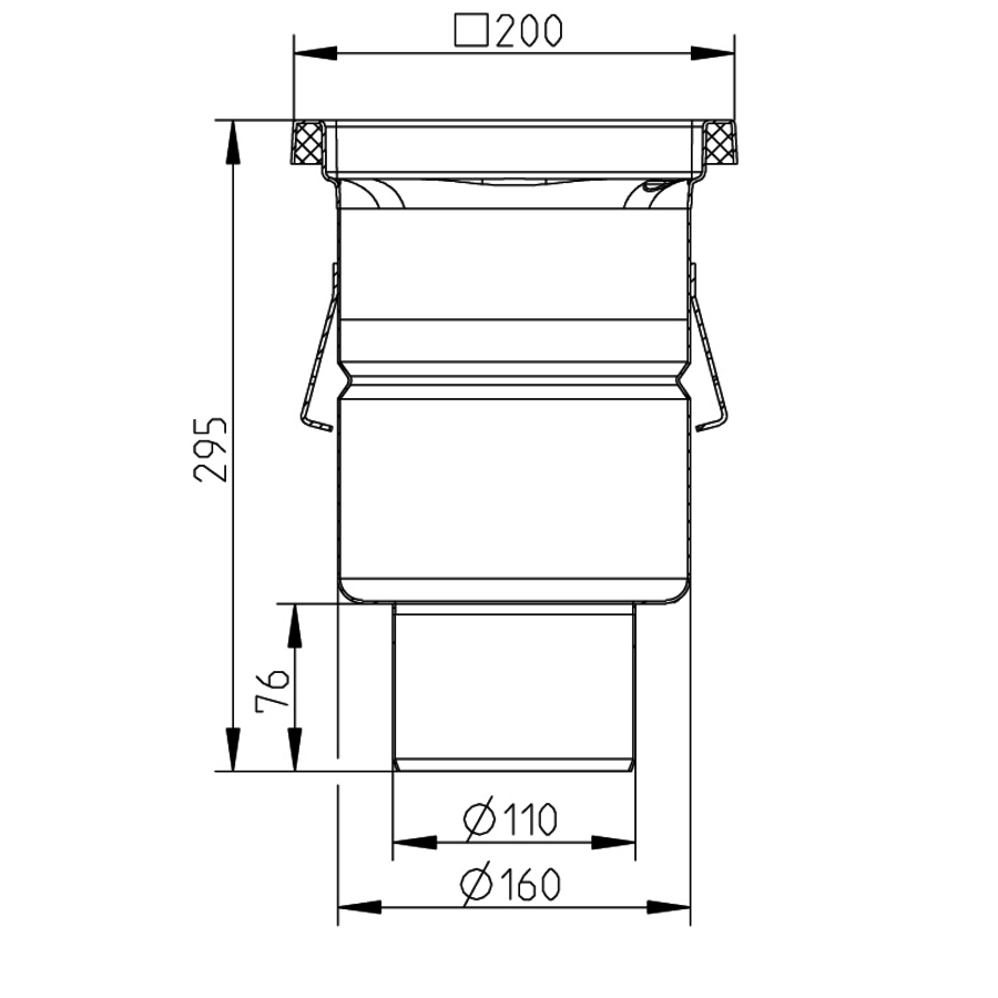 Caniveau de sol en inox 200 x 200 mm - sortie verticale - grille semi-ouverte