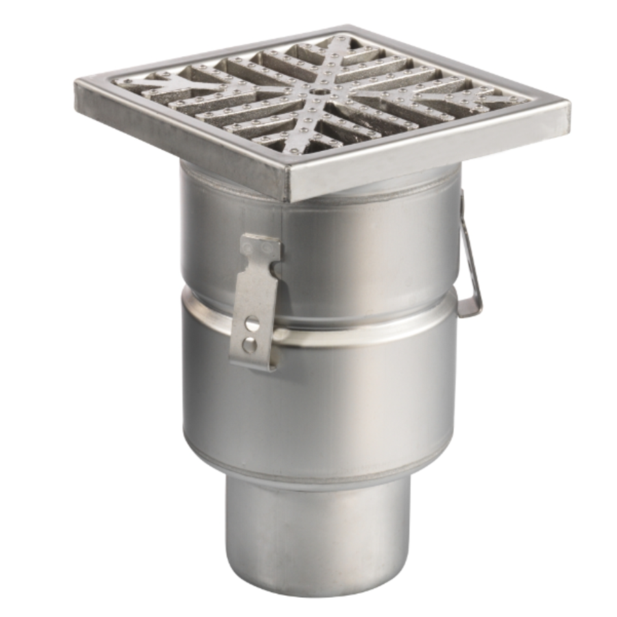 Caniveau de sol en inox 200 x 200 mm - sortie verticale - grille semi-ouverte