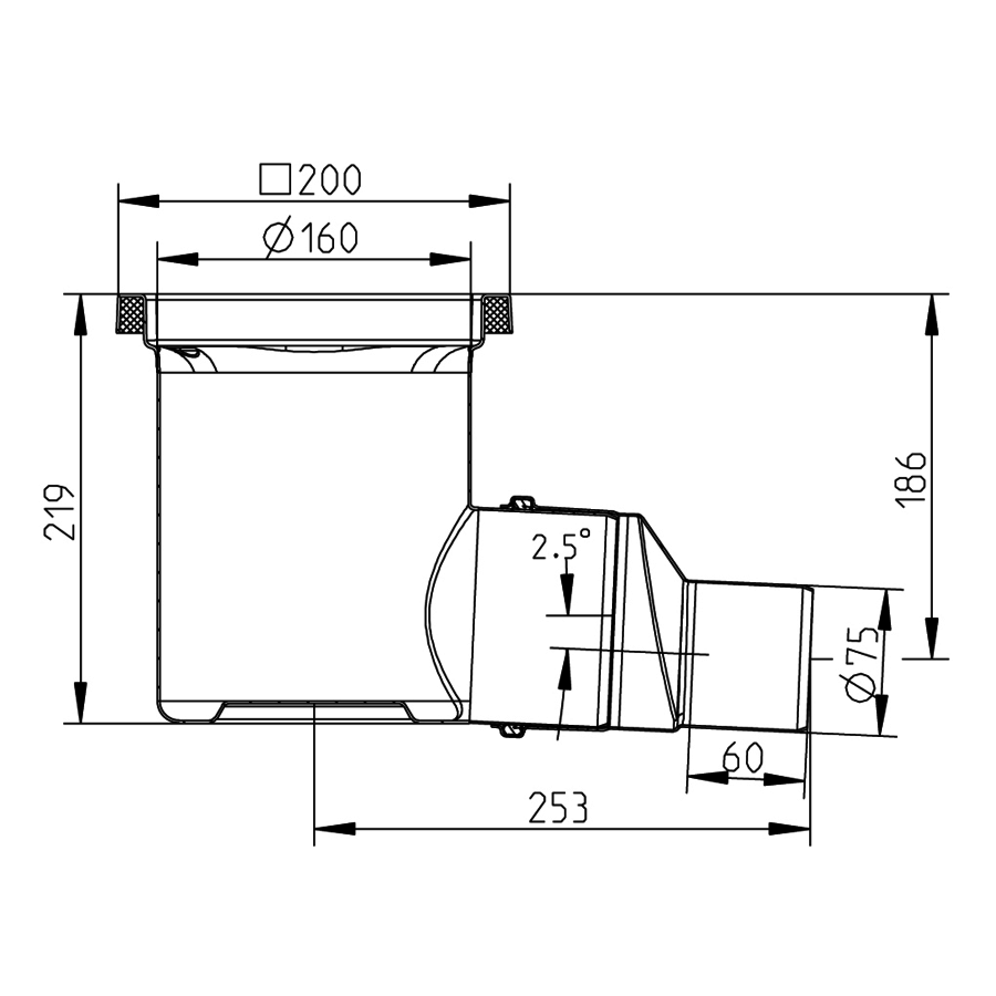 Caniveau de sol en inox  200 x 200 mm - sortie horizontale - grille semi-ouverte