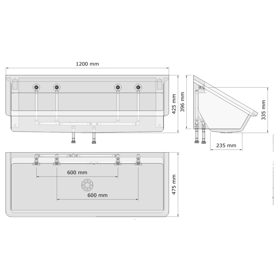 Lavabo rigole en Inox | 4 dimensions