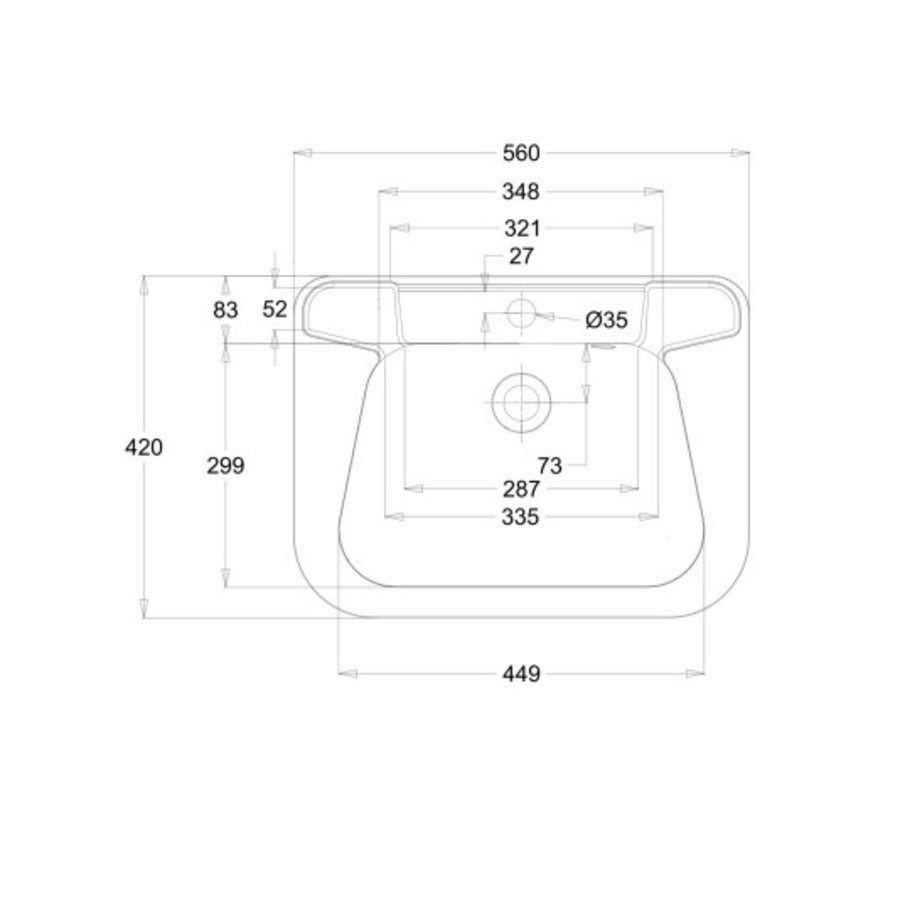 Lavabo mural avec trou de robinetterie - 560x420x150 mm